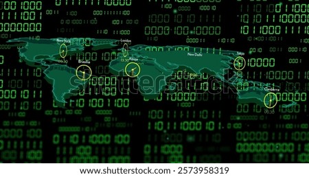 World map with clocks showing different time zones over binary code image. Timezones, global, technology, coding, digital, international