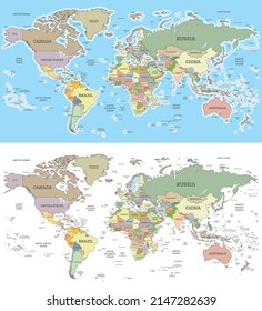 World Map Collection with Borders and Countries. Cylindrical Projection.
