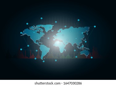 World map communication Global network connection Causing the world to create a large economy resulting in trading throughout the world. Trading via stock exchange Resulting in growth and investment.