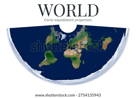 World Map. Conic equidistant projection. High Detail Physical Map of The World. Raster Graphic Illustration.