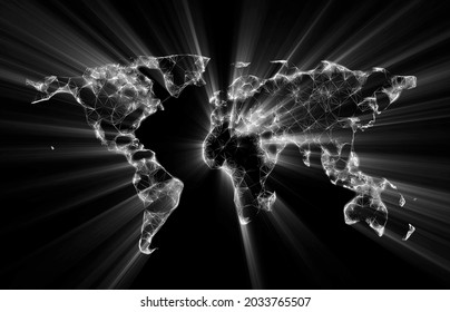 World map connection polygon with bright white energy light. 3D illustration