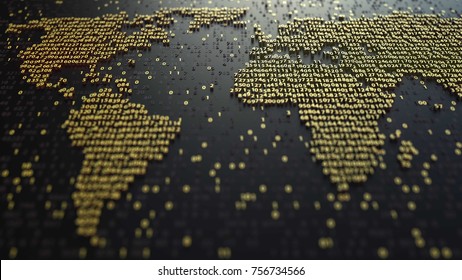 Contorno do mapa do mundo feito de números dourados. Tecnologia digital moderna, globalização econômica ou conceitos de transferência de dados em todo o mundo. renderização 3D