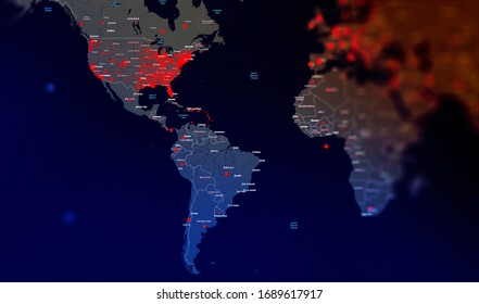 World Map Of Coronavirus (Covid-19), Close-up View Of North And South America Covid-19, Covid 19 Map Confirmed Cases Report Worldwide Globally. 