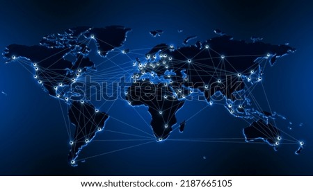 World map, countries cities are connected by lines. Global communications, logistics, transport and trade. Transmission lines for goods and services and social networks. 3d rendering