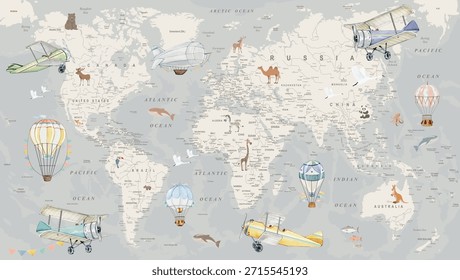 World map with countries, oceans and cities on a gray background for kids with animals and airplanes for printing on wallpaper and designing