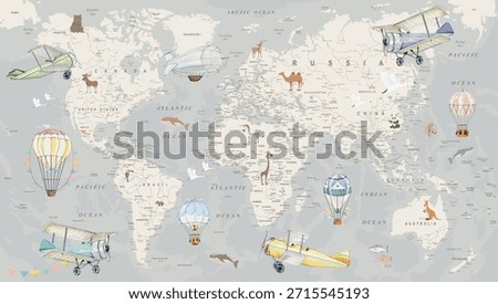 World map with countries, oceans and cities on a gray background for kids with animals and airplanes for printing on wallpaper and designing