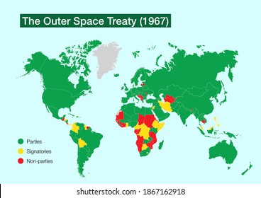 World Map With The Countries That Have Signed And Ratified The Outer Space Treaty For The Exploration Of Outer Space