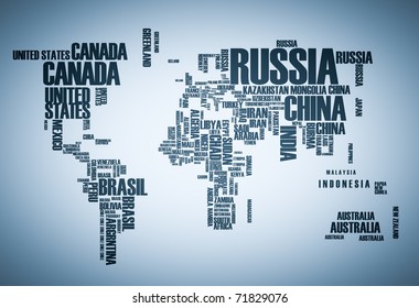World map: countries in wordcloud