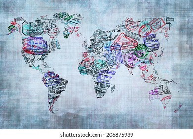 World Map Created With Passport Stamps, Travel Concept