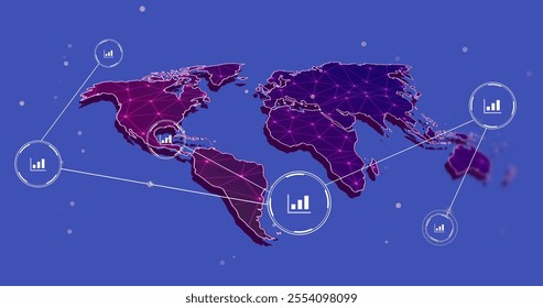 World map with data charts and network connections, image over blue background. Global, technology, statistics, analytics, communication, digital