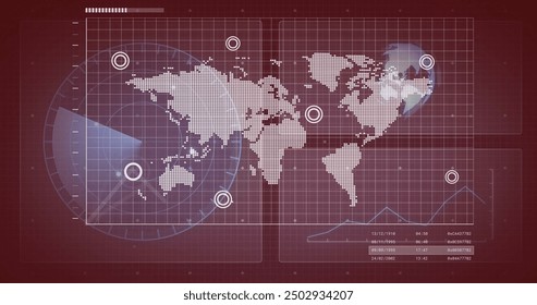World map with data points and graphs, global financial analysis image. finance, analytics, economy, statistics, visualization, business