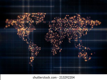 World Map Digital Abstract Technology Illustration With Worldwide Network Data All Over Earth Continents. World Map Concept With Gold Light And Golden Dots On Black Background. Digital World Map.