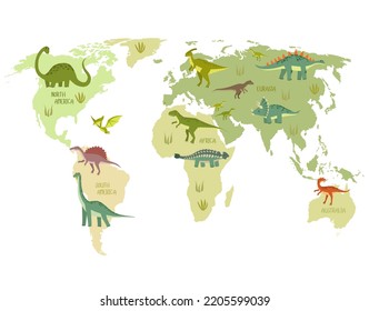 World Map With Dinosaurs. Dino World Map. Cartoon Dinosaurs.