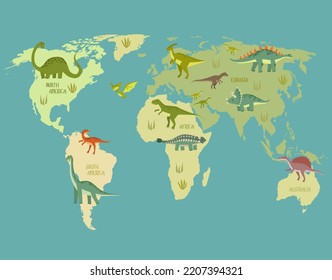 World Map With Dinosaurs. Dino World Map. Cartoon Dinosaurs.