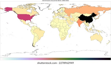 World map displays the total carbon dioxide (CO2) emissions by country. The map is color-coded based on the level of emissions, with darker colors indicating higher emissions. - Powered by Shutterstock