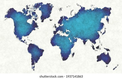 World Map With Drawn Lines And Blue Watercolor Illustration