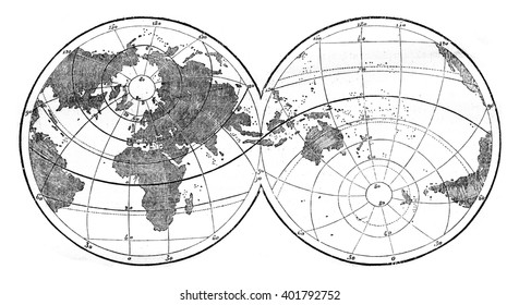 World map featuring evidence the unequal distribution of land and water on the surface of the globe, vintage engraved illustration. Magasin Pittoresque 1847.