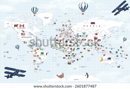 World Map with Flags of All Countries - Illustrated Political Map