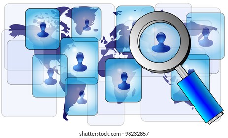 World map with glass and persons. Finding friends online