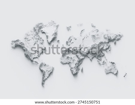 World Map Gray And White Shaded Relief Textured Map On White Background 3D Illustration