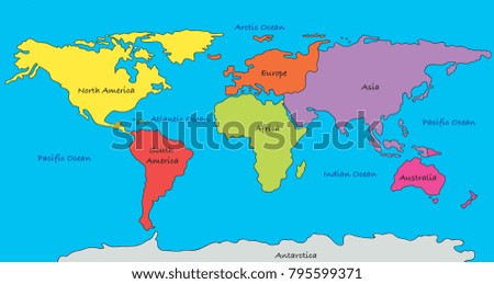 World map with highlighted continents in different colors