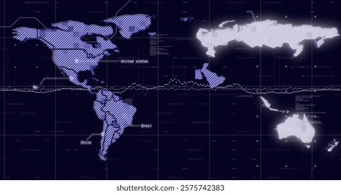 World map with highlighted countries and data points image over dark background. Global, data visualization, analytics, international, technology, statistics