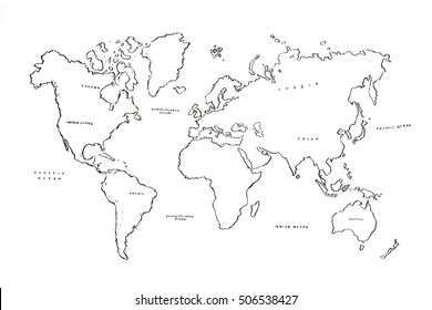 World map ink illustration with names.