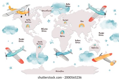 World Map For Kids With Cute Cartoon Planes, Clouds And Rainbows. Children's Map Design For Wallpaper, Kid's Room, Wall Art. America, Europa, Asia, Africa, Australia, Arctica. Watercolor Illustration.