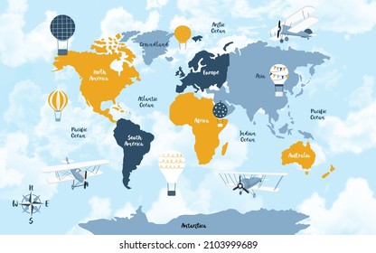 かわいい漫画の飛行機と風船を持つ子ども向けの世界地図 壁紙 Kid S Room Wall Art America Europa Asia Africa Australia Arcticaの子ども用地図デザイン 図 のイラスト素材 Shutterstock