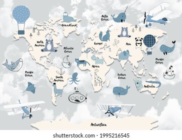 World Map For Kids With Cute Planes And Air Balloons And Animals. Children's Map Design For Wallpaper, Kid's Room, Wall Art. America, Europa, Asia, Africa, Australia, Arctica. Illustration.