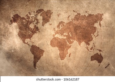 World Map With Latitude And Longitude Lines On Vintage Leather Skin