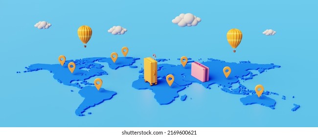 World map with location symbols and globes with suitcases representing trips around the world. 3d rendering with blue background. - Powered by Shutterstock