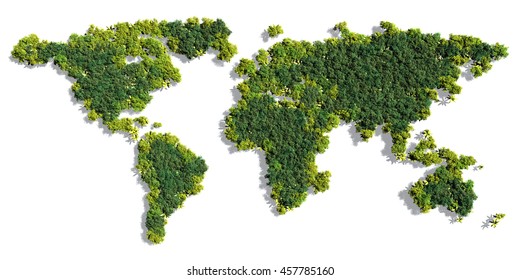 Weltkarte bestehend aus verschiedenen detaillierten Bäumen auf weißem, solidem Hintergrund, einschließlich Schatten. Diese 3D-Illustration eines Waldes ist ein Konzept für die globalen Umweltprobleme weltweit