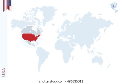 World Map With Magnifying On USA. Blue Earth Globe With The United States Of America Flag Pin. Zoom On USA Map. Raster Copy.