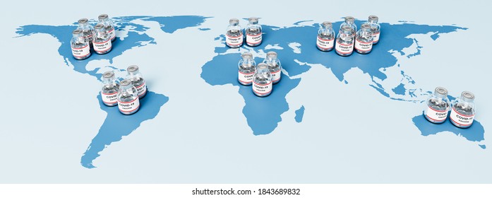 World Map With Many Coronavirus Vaccine Bottles 3D Illustration, Vaccine Global Production, Availability And Distribution Concept