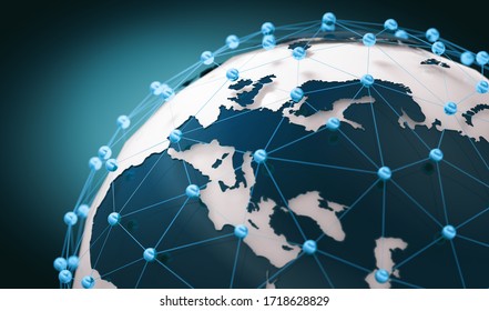 World Map And Networking.3d Illustration And Concept Of International Logistics Of Agreements And International Business. Networks And Companies Around The World