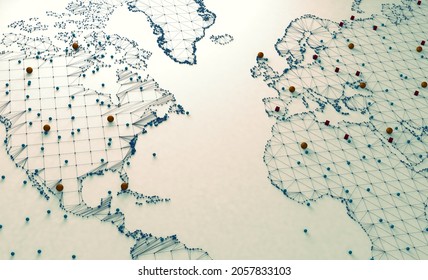 World Map And Networking.3d Illustration And Concept Of International Logistics Of Agreements And International Business. Networks And Companies Around The World.