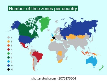 World map with number of time zones per country