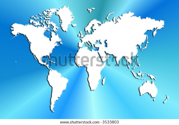 White World Map On Blue Burst Background.