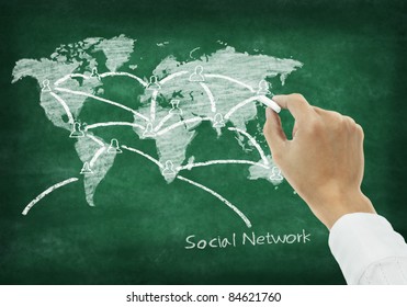 world map on chalkboard ,hand drawing social network