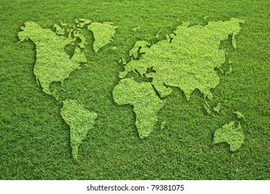 World Map On Grass Field Texture