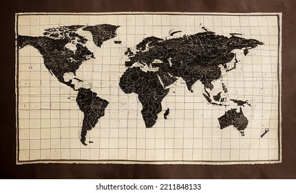 World Map On Old Paper, Sober And Old, Black On White