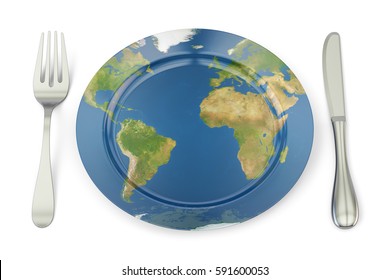 World Map on a plate with fork and knife. International cuisine concept, 3D rendering isolated on white background, Elements of this image furnished by NASA