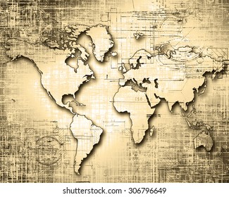 World Map On A Technological Background, Old Paper Style