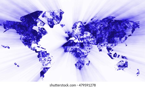 World map on a technological background.  3D render of random lines and particles.  The design consists of fractal elements as a metaphor on the subject of business, science, education and technology.