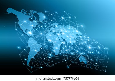 World map on a technological background, glowing lines symbols of the Internet, radio, television, mobile and satellite communications.