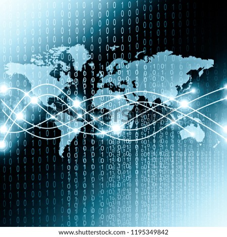 World map on a technological background, glowing lines symbols of the Internet, radio, television, mobile and satellite communications.