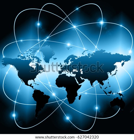 World map on a technological background, glowing lines symbols of the Internet, radio, television, mobile and satellite communications.