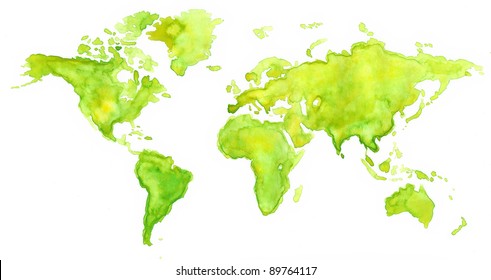 World map painted with watercolors in green color