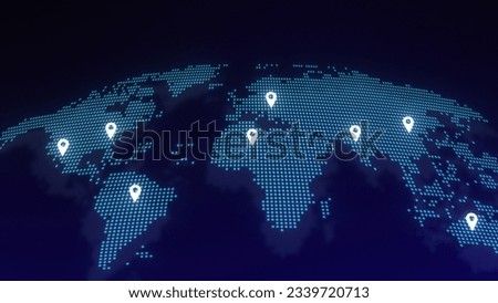 World map with pins, Distribution of services, Worldwide business, Global communication, Navigation and travel concept. Hi-tech futuristic style, 3d. 